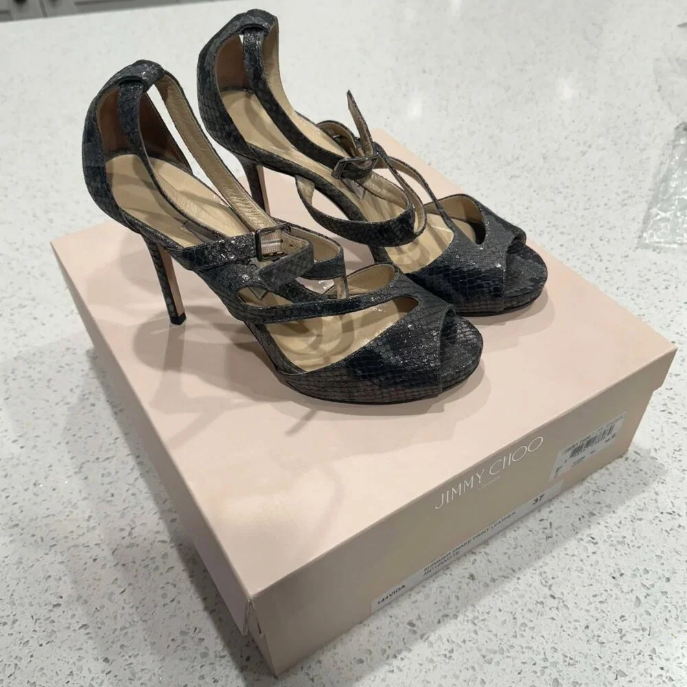 Jimmy Choo Women's Virtue Shimmer Snake Print Heels Size 37 - Picture 2 of 8